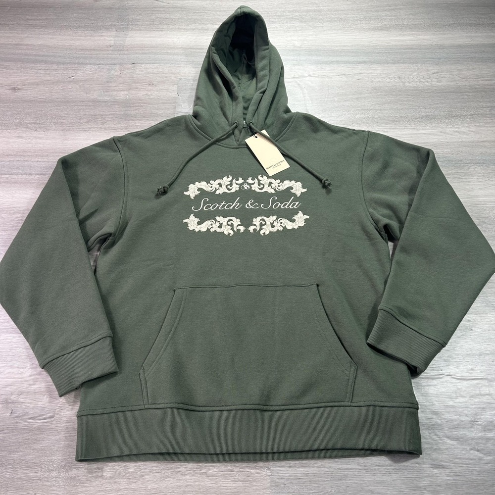NEW Scotch & Soda Hoodie Mens Large Green Relaxed Fleece Graphic Logo Sweatshirt